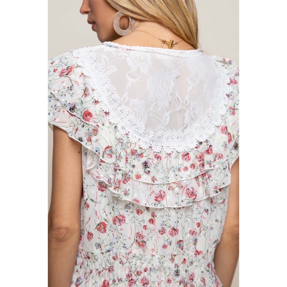 POL Cream & Pink Floral Ruffle Tiered Mini Dress with Bow - Picture 8 of 9